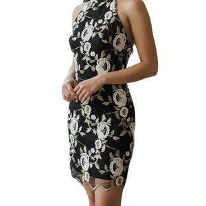 Windsor Black Gold Floral Embroidered Open-Back Halter Mini Dress | Women Small